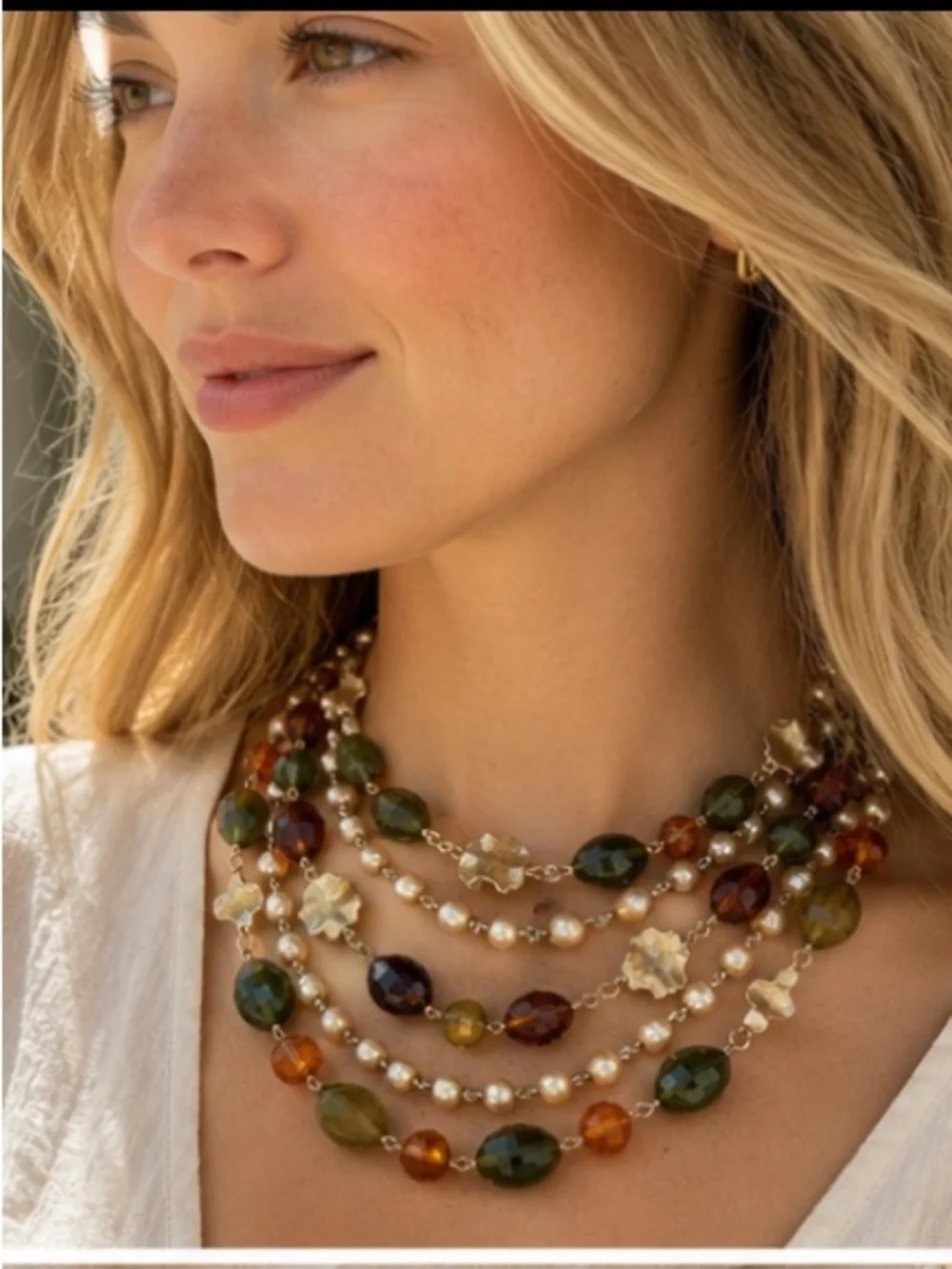 Vintage Multi Strand Freshwater Pearl & Faceted Glass Statement Necklace 16”